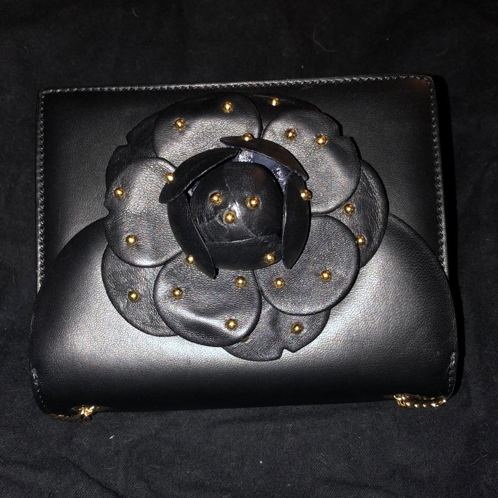 Oscar de la Renta black leather studded flower TRO evening bag, lightly used